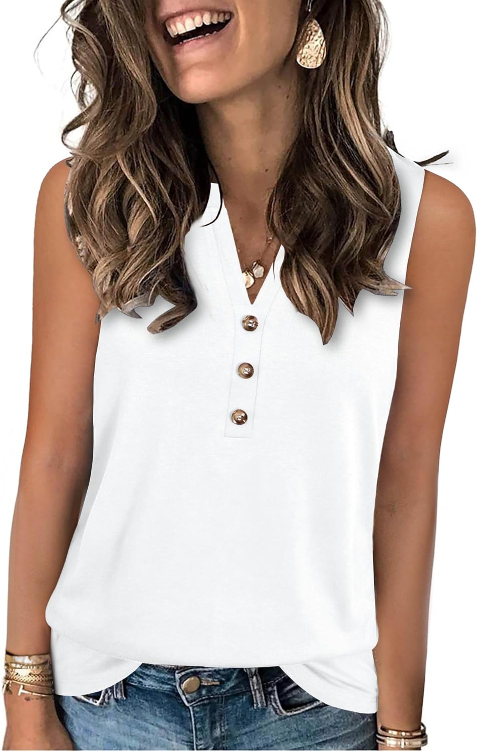 Womens Summer Tank Top V Neck Sleeveless Tops Button Shirts Loose Fit Basic Clothes