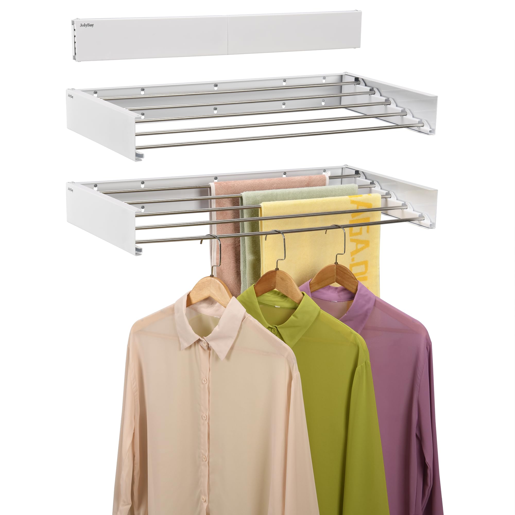 JolyBay Wall Mounted Laundry Drying Rack, Retractable Clothes Drying Rack for Bathroom with Wall Template, 5 Stainless Rods Heaving 60 lb Capacity (White, 31.5