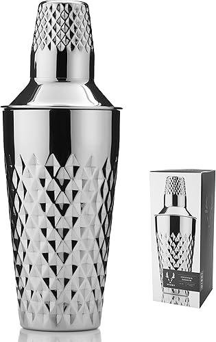 Viski Diamond Cocktail Shaker Set, 25 oz Faceted Stainless Steel Shaker With Strainer