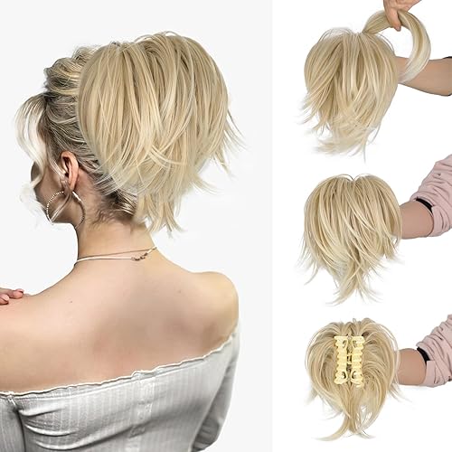 AISI BEAUTY Claw Clip Messy Bun Hair Piece Short Blonde Ponytail Extension with 