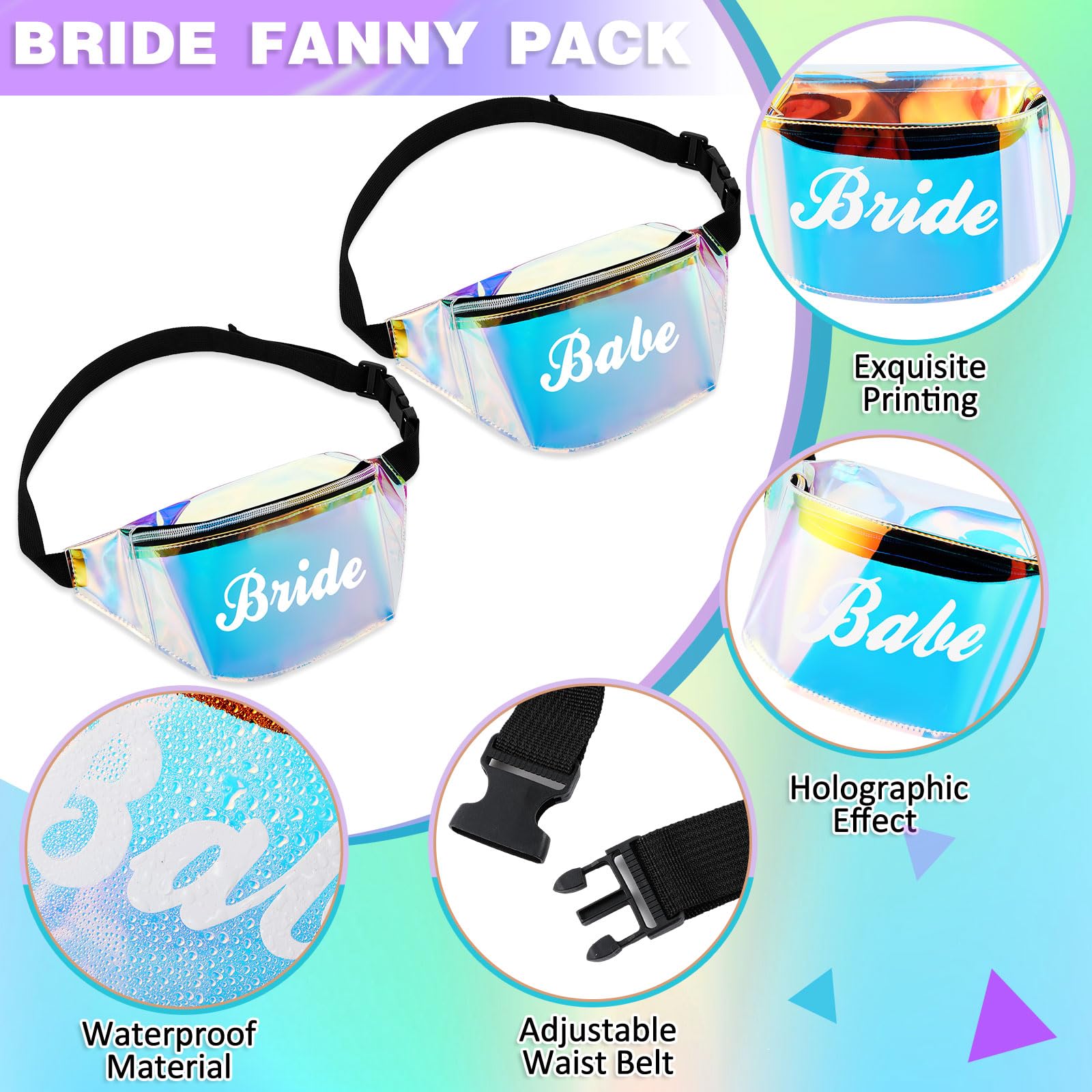 Silkfly Gürteltasche für Junggesellinnenabschied, holografisch, transparent, für Brautjungfern, mit verstellbarem Gürtel, Laser-Hüfttasche für Brautparty, Hochzeit, Party, Gastgeschenke, 12-teilig,