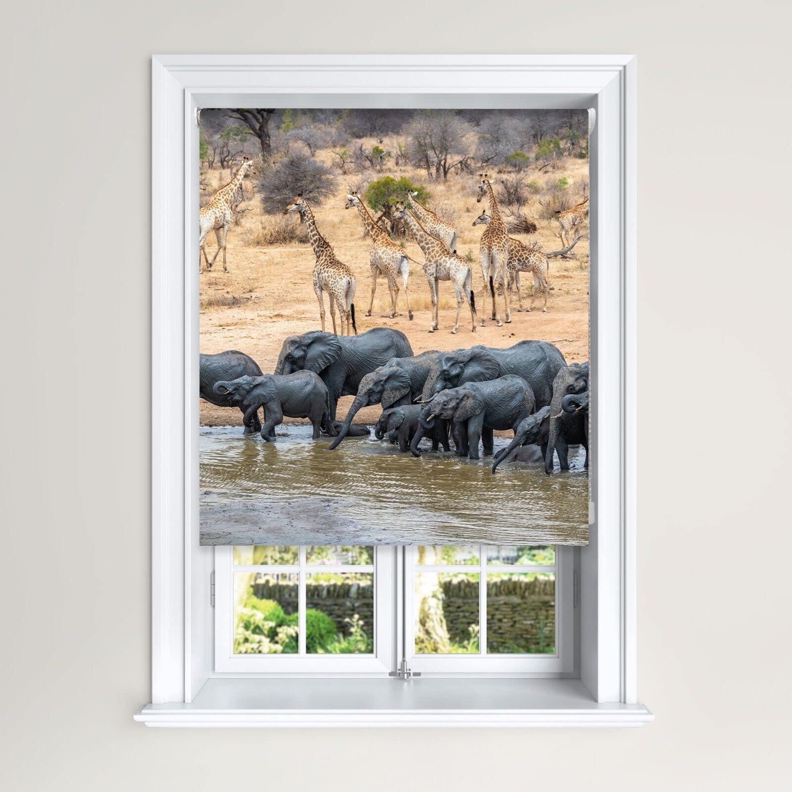 Lister Cartwright Blackout Roller Blind Elephant & Giraffe Water Hole Blind (120 cm Width x 140 cm Drop)