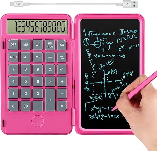 Hion Calculadoras, calculadora de escritorio de oficina de bolsillo recargable de 12 dígitos con tableta de cableado borrable, calculadoras de