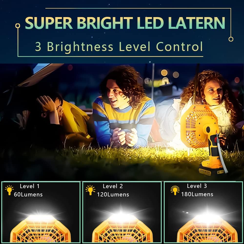 YEX-BUR Portable Fan with Remote for Dewalt 20v 60v Battery, Battery Operated Fan with LED Light, USB-A Charging Port for Camping Jobsite Power Outage(Tool Only)