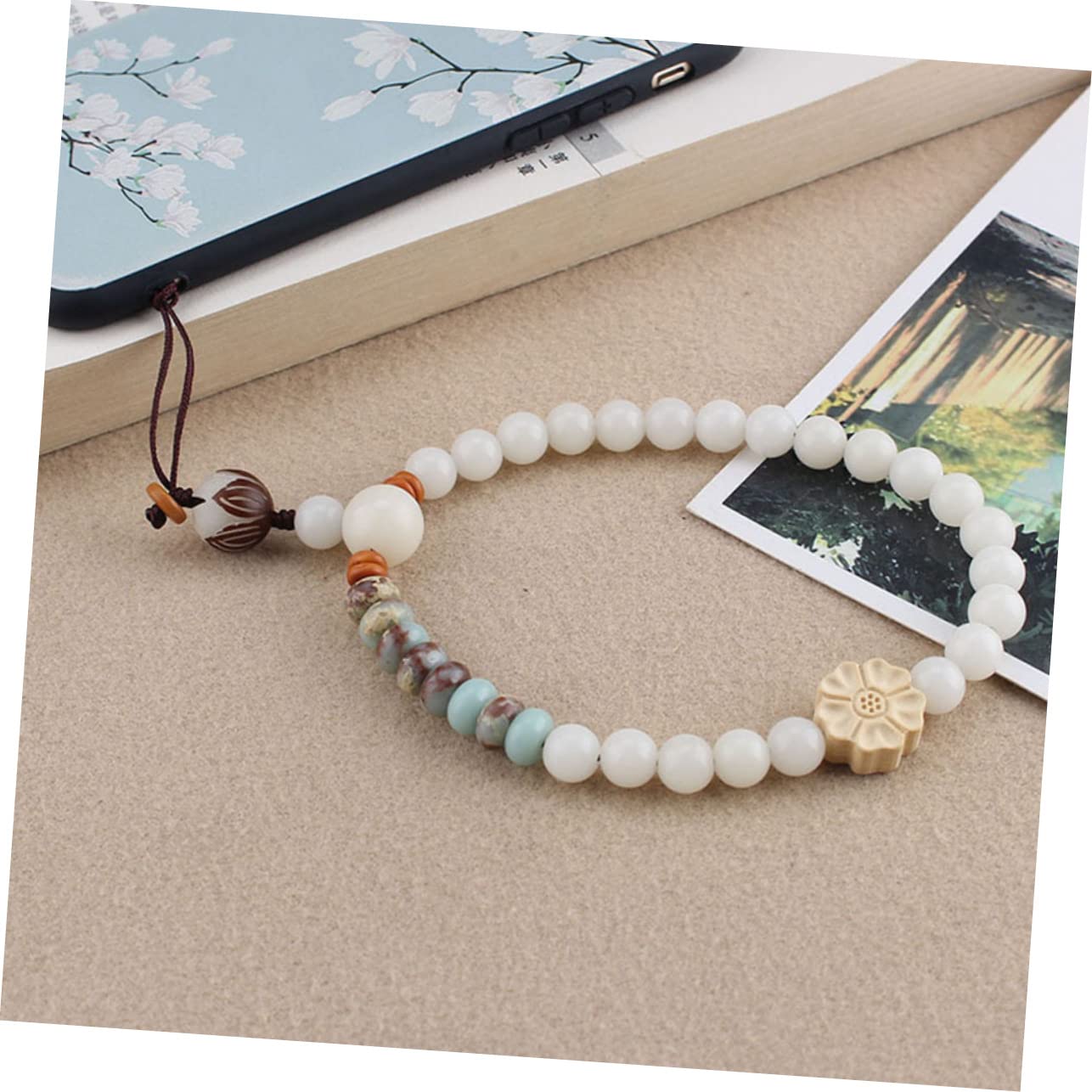 SHINEOFI Cadena Colgante para Teléfono Móvil de con Cuentas de Jade Blanco Decoración Retro para Smartphones Compatible con Cámaras y Llaveros Accesorio Práctico