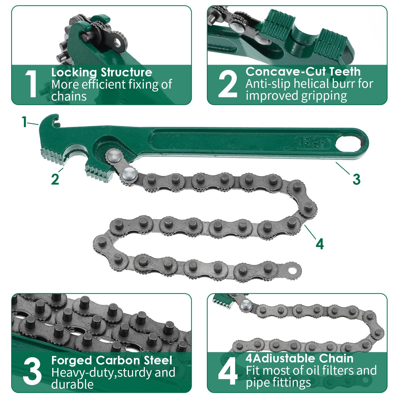 Juego de 3 llaves de cadena resistentes, llave de filtro de aceite de acero ajustable de 9 pulgadas, 12 pulgadas, 16 pulgadas, para accesorios de tubería, reparación de automóviles, válvula de