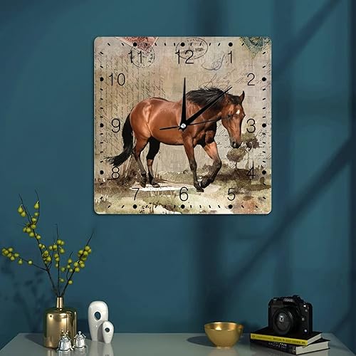Miniatura 7 de Reloj de pared de madera moderno de 10 x 10 pulgadas, funciona con pilas, silencioso, sin tictac, patrón de caballo de granja, reloj cuadrado de