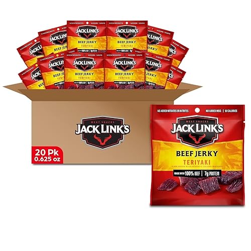 Jack Link's Beef Jerky, Teriyaki, Multipack Bags - Flavorful Meat Snacks for Lunches, Ready to Eat Protein Snacks, Individual Packs - 7g of Protein, Made with 100% Beef - 0.625 oz (Pack of 20) - Teriyaki - 0.63 Ounce (Pack of 20)