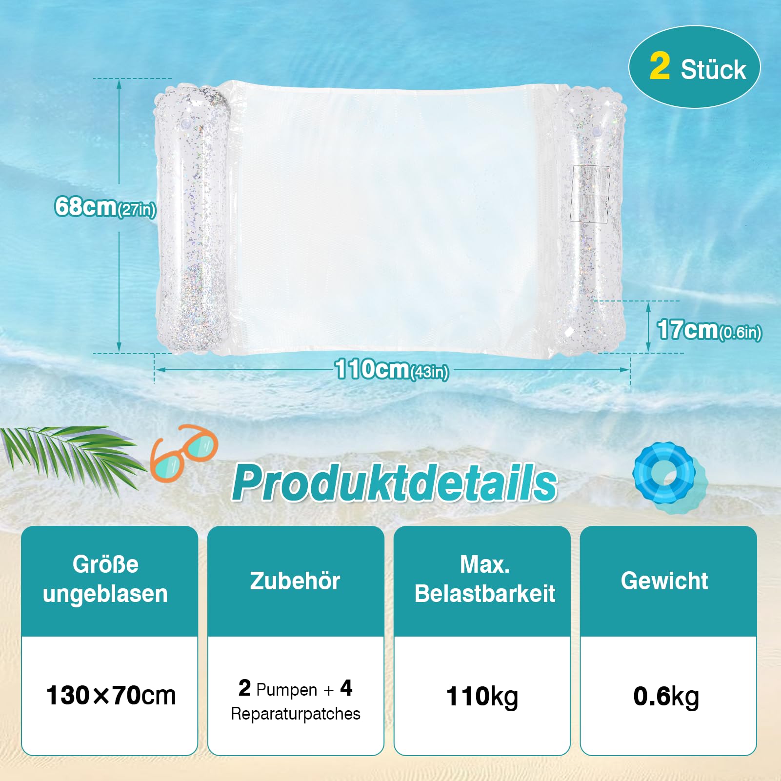 CYFIE 2 Stück Wasserhängematte Erwachsene, 4 in 1 Wasser Hängematte, Aufblasbares Pool Wasserhängematte mit Luftpumpe, Wasserhängematte mit Netz für Schwimmbäder Strände Partys