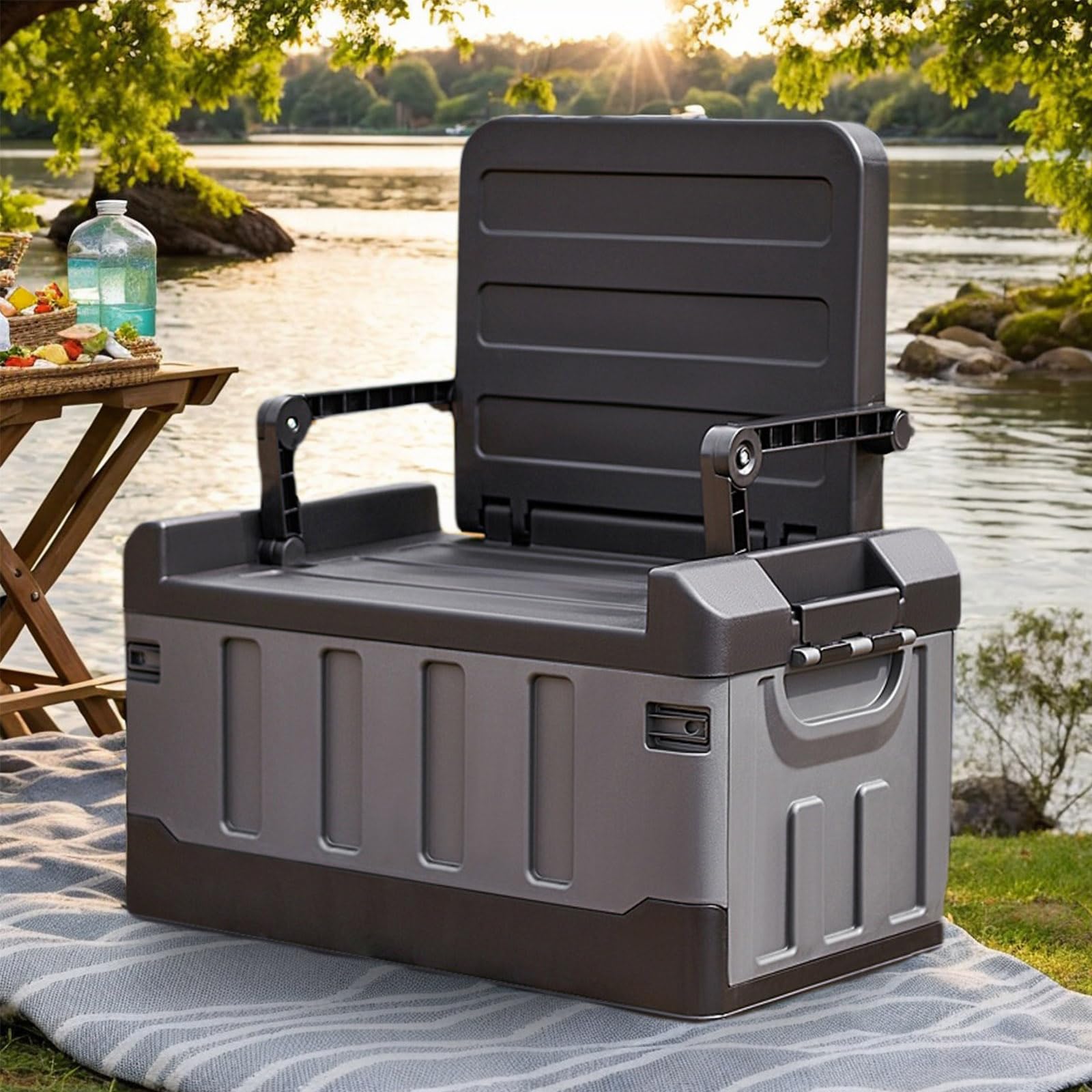 Versatile Foldable Seatable Camping Box Car Organizer Heavy Duty Storage Bins With Lids Box Trunk,Durable Plastic,60L Can Store Clothes, Toys Camping Equipment in Large Capacit (black)