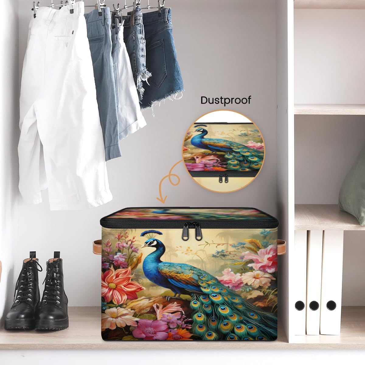 Storage Bin Set of 2 Flower Peacock Storage Basket with Zipper Lid & Handle Foldable Closet Shelf 2 Pack Cloth Organizer Basket Cube Bins Clothes Organizer for Bedroom, Nursery