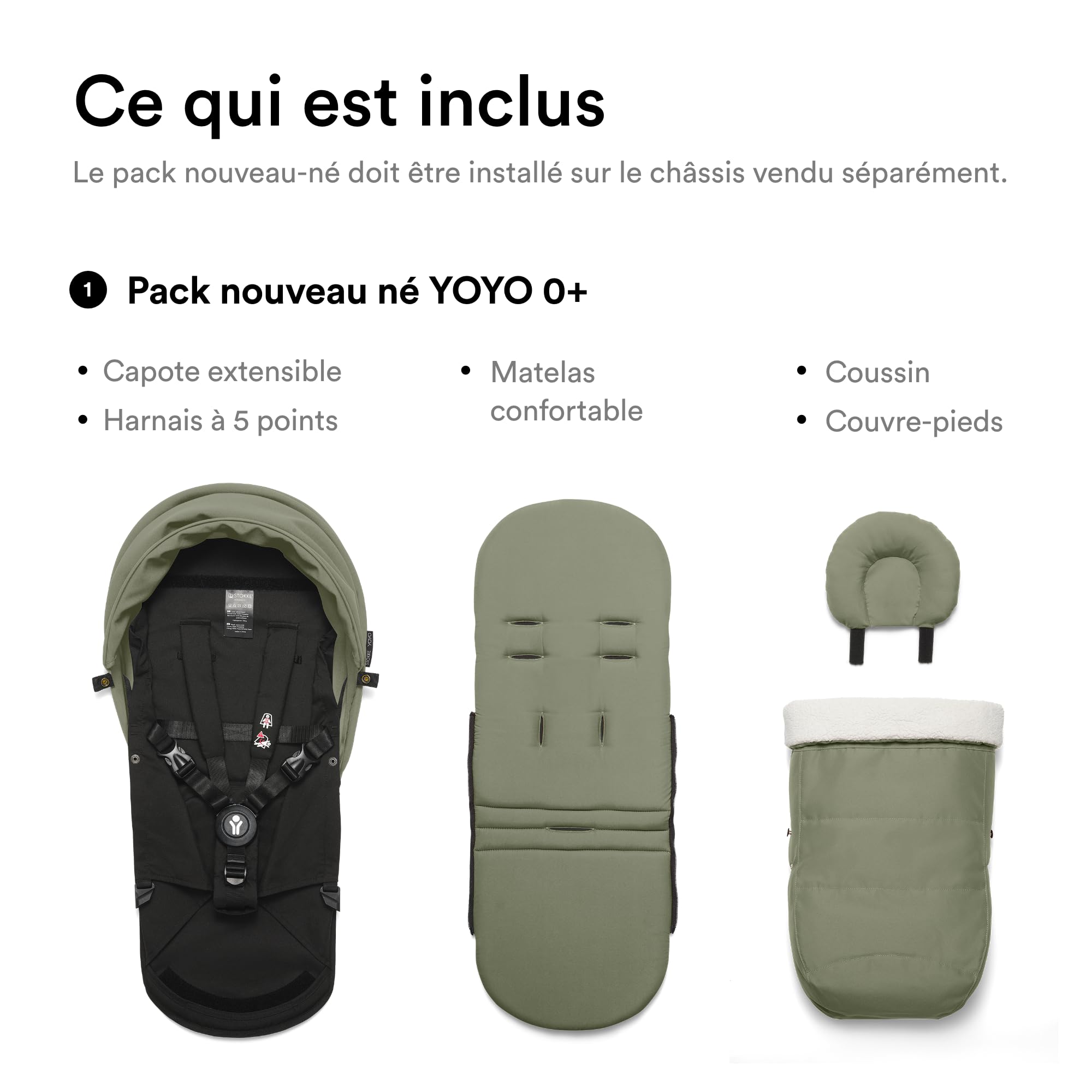 Pack nouveau-né Stokke YOYO 0+, Olive - Comprend un matelas, une capote extensible et un harnais à cinq points - Requiert le châssis YOYO (vendu séparément)