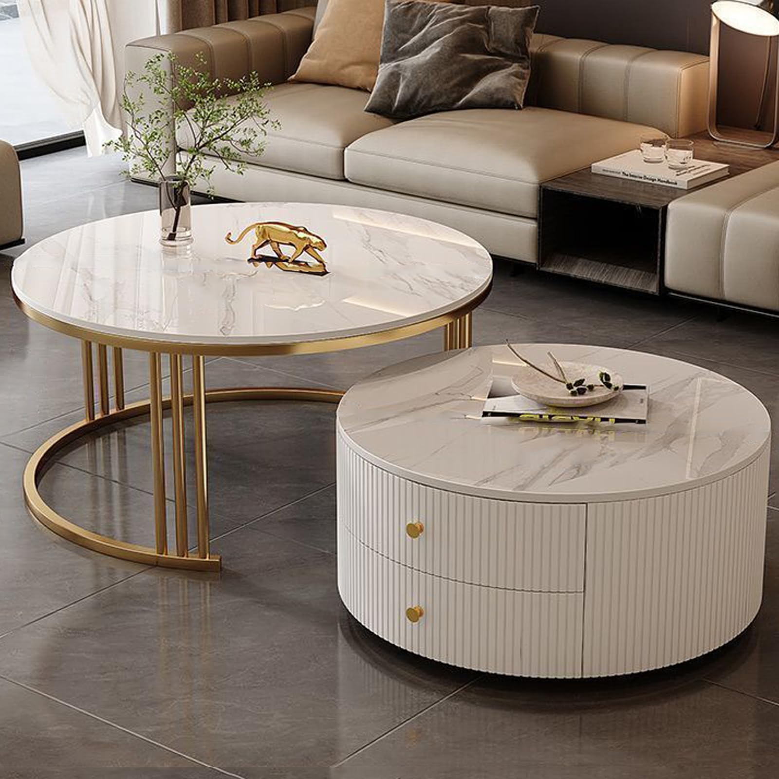 Set di 2 tavolini da caffè rotondi moderni, eleganti e funzionali, per soggiorno, camera da letto, ufficio, balcone, facile manutenzione, design salvaspazio (59,9 x 34,8 cm e 80 x 45 cm)