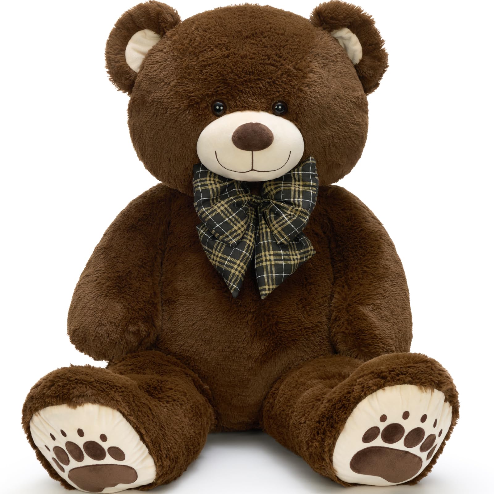 MorisMos Orsacchiotto gigante 120 cm, marrone scuro con papillon a quadri. Morbido e coccoloso. Perfetto per compleanno/Natale, per bambini e adolescenti. Facile manutenzione