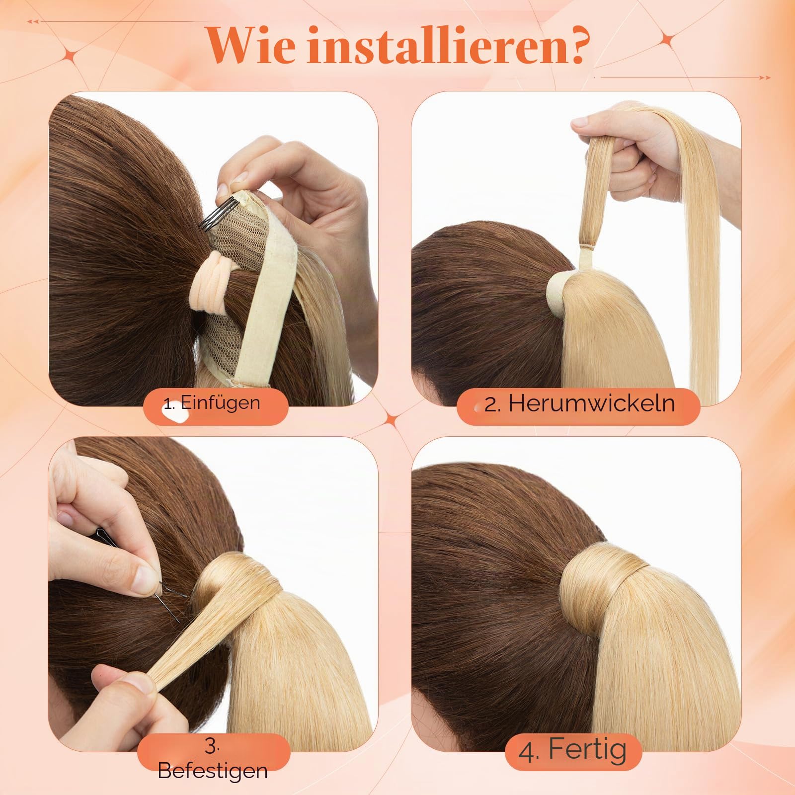 Benehair Ponytail Extension Echthaar, Zopf Extensions Echthaar, Wrap Around Echthaars Ponytail für Frauen, Blond Highlights Bleichblond Pferdeschwanz Echtes Haar Haarverlängerung 55CM 95g #18P613