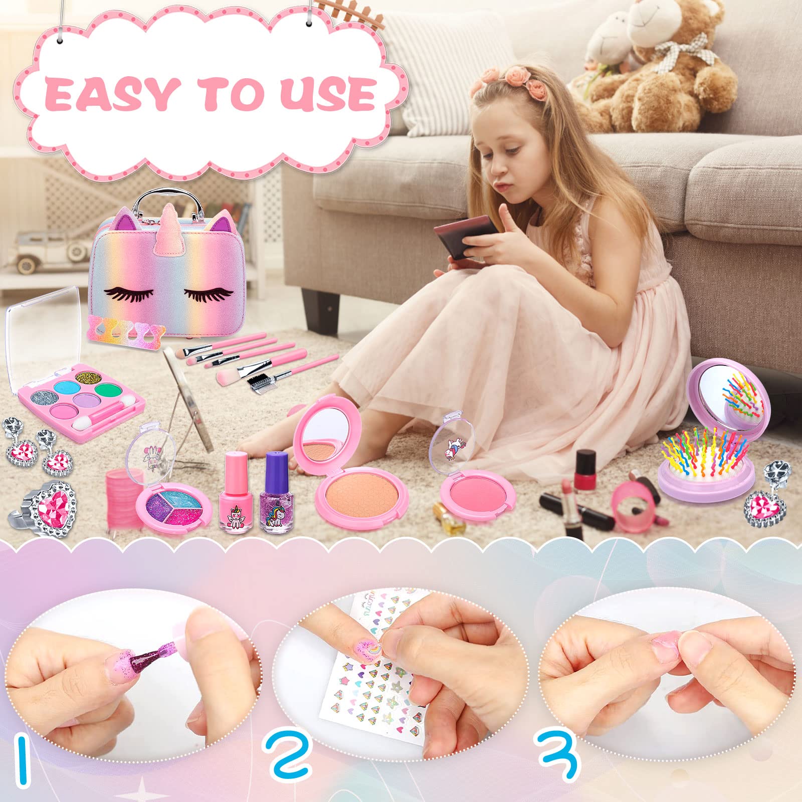 Set di trucchi per bambine, 31 pezzi, lavabili, con astuccio per il trucco, set per il trucco per Natale e compleanno, per bambine e ragazze