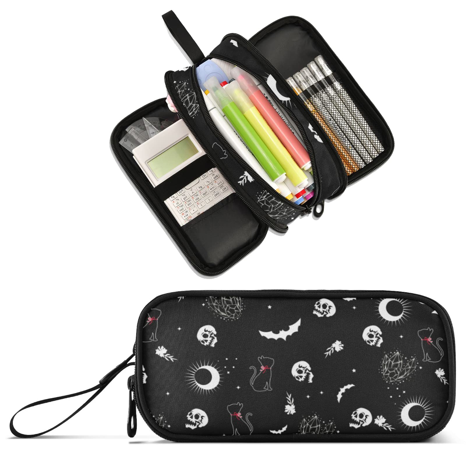 XUWU Gothic Skull Cat Moon Large Capacity Pencil Case Pencil Pouch Office School Large Storage Pen Bag 3 Compartment pencil box for Adults School Teen