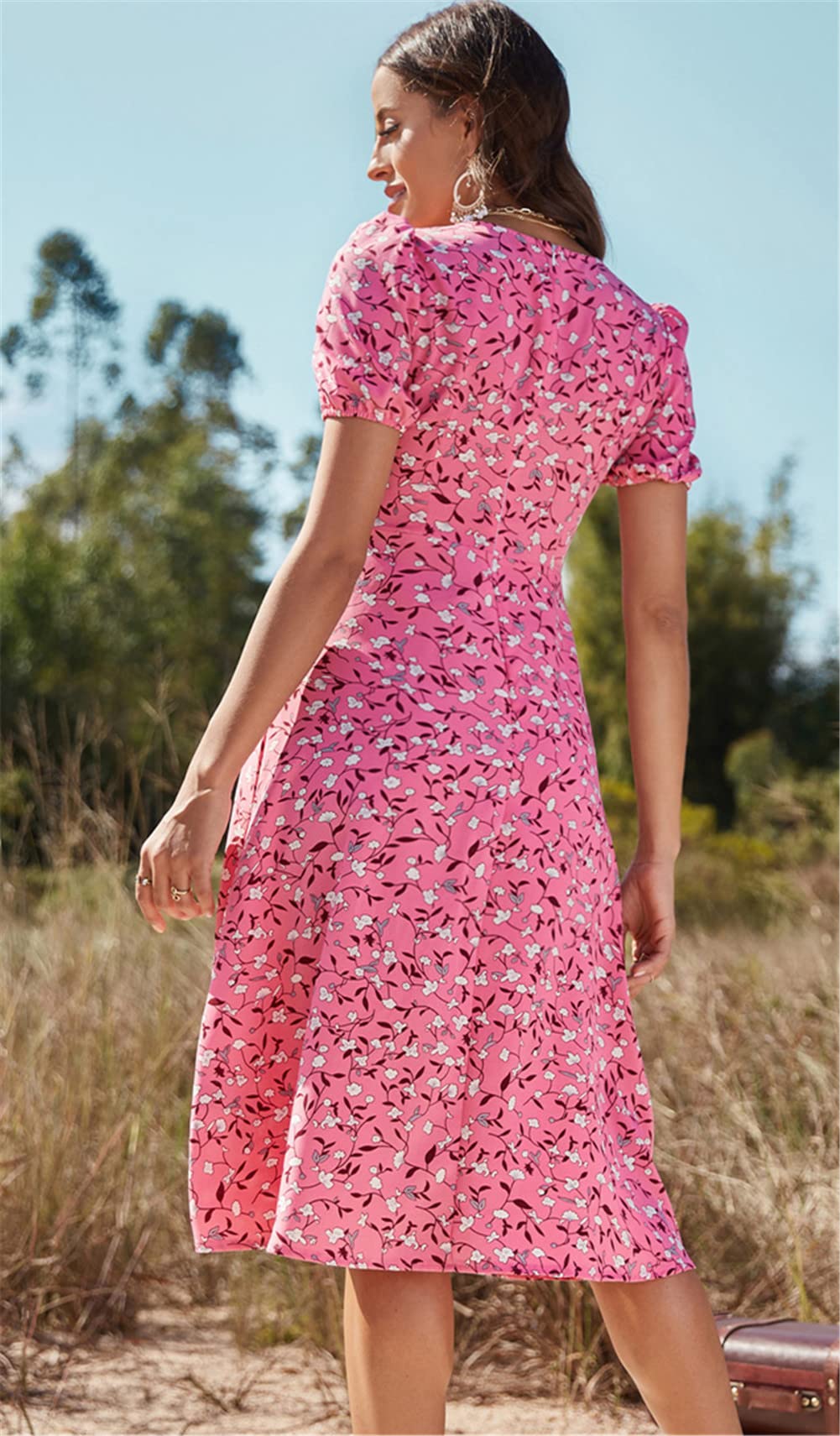 Vsadsau Vestido largo de verano para mujer, casual, ajustado, acampanado, manga corta, estampado floral, abertura lateral, vestido midi