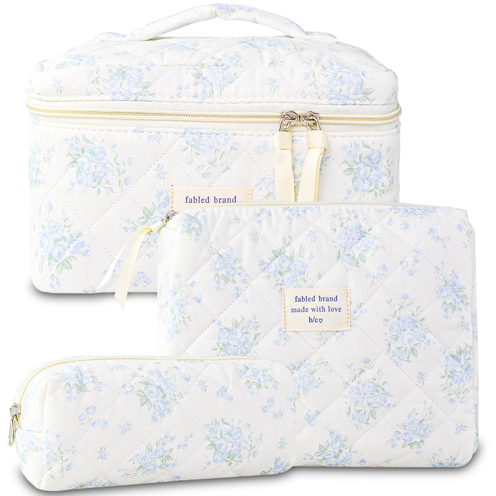 YRWE 3Pcs Quilted Makeup Bag Set, Cute Floral Cotton Cosmetic Bag, Coquette Bow Make up Bag Large Travel Toiletry Bag