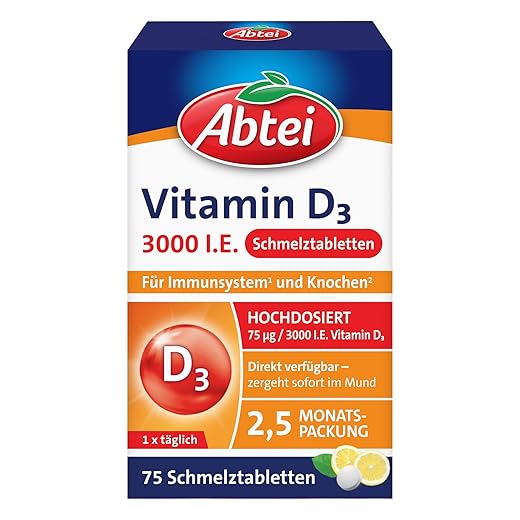 Abtei Vitamin D3 3000 IU - Supports Immune System and Bones - Laboratory Tested, Gluten-Free, Lactose-free and Vegetarian - 75 Melting Tablets with Lemon Flavour