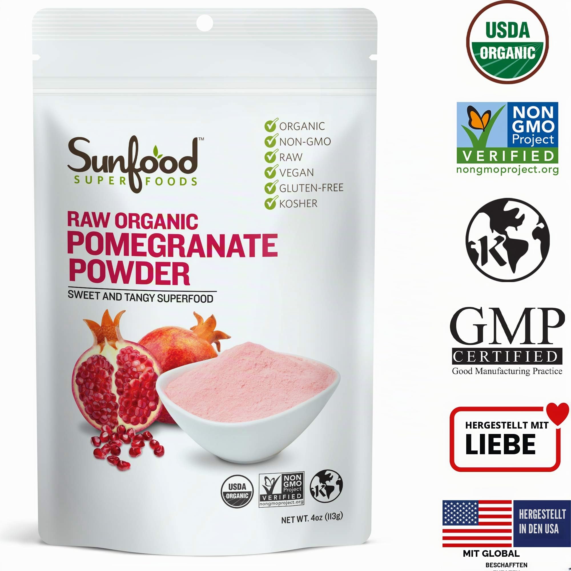 Sunfood Superfoods GranatapfelPulver | Rohes, organisches, gentechnikfrei, glutenfrei, koscher | Höchste Qualität | reines EinzelProdukt | UltraClean (keine Füllstoffe, Zusätze oder