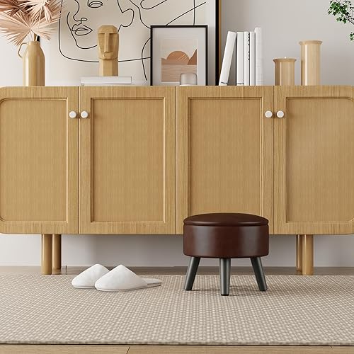 Miniatura 8 de Taburete otomano pequeño con almacenamiento, reposapiés otomano de piel sintética para sofá, reposapiés redondo para sala de estar (marrón) Marrón