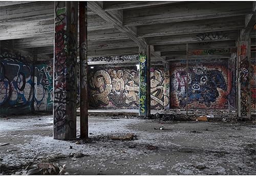 Miniatura 1 de YongFoto Telón de fondo de construcción abandonado de 10 x 6.5 pies, habitación subterránea desgastada, interior vacío, retro, graffiti, pared,