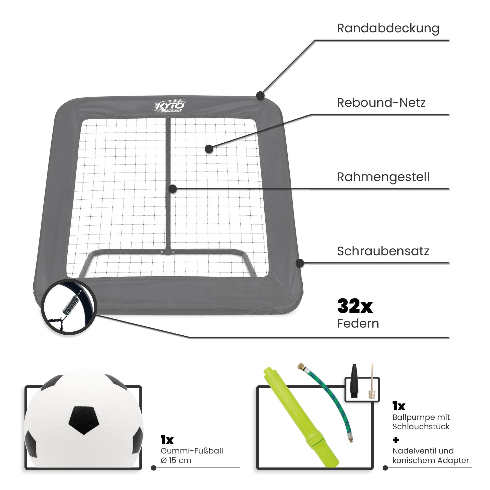 Kyto Fußball Rebounder 100x100 cm – Winkelverstellbar mit Ball & Pumpe | Rückprallwand für Fußball & Handball – stufenlose Neigung, Erdanker, Gummischoner, sofort einsatzbereit