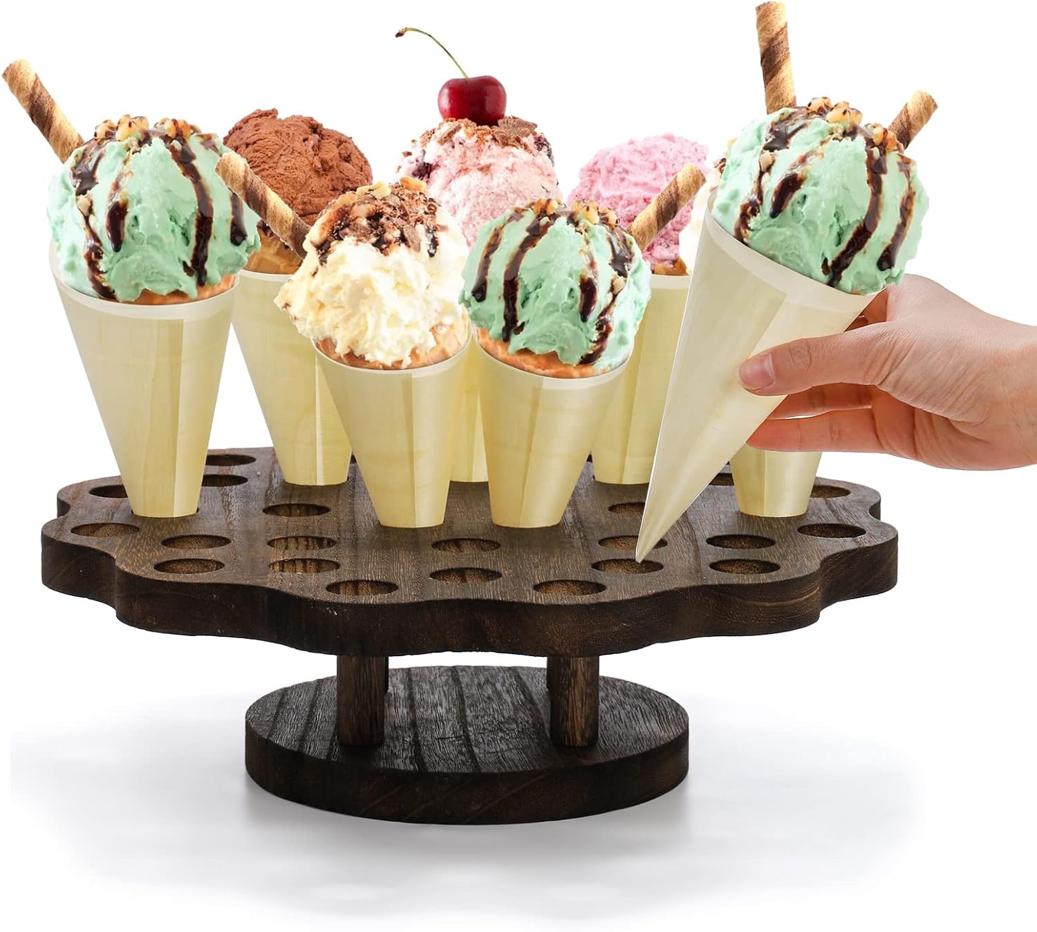 AVLA Ice Cream Cone Holder with 100 Wooden Cones, 36 Holes Waffle Cone Display Stand, Snack Tray for Wedding, Hand Roll Sushi Popcorn Rack for Birthday Party, Buffet, Restaurant, Food Truck