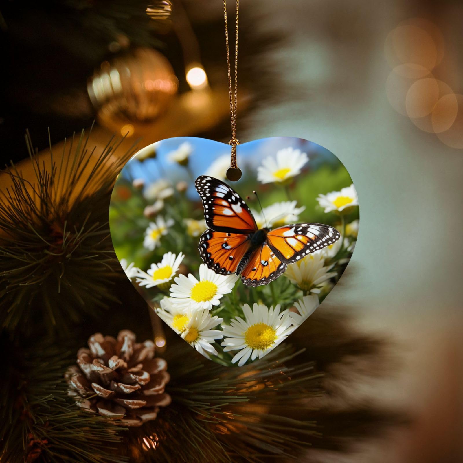 Christmas Ornaments for Christmas Tree Decoration Hanging Butterfly on Daisy Flower Ornament with Gold Ribbon Crafts Heart Shape Ceramic Pendant for Keepsake Gifts Xmas Decor Party Supplies