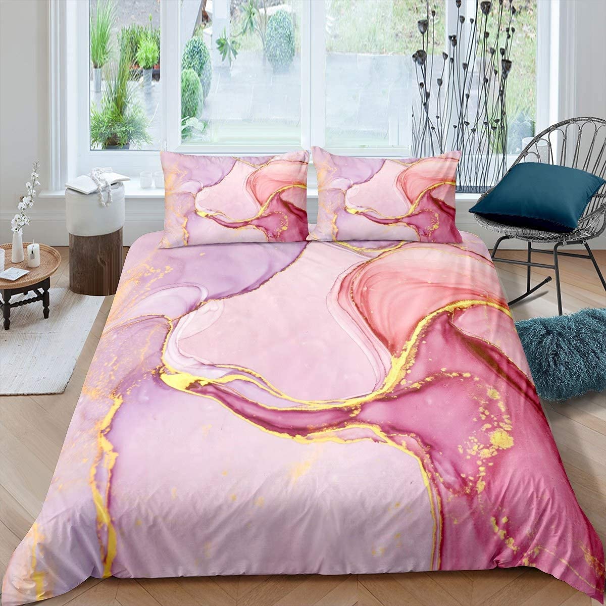 Housse De Couette 160x200 Cm Motif Marbre + 2 Taies - Microfibre Brossée Réversible Zippée