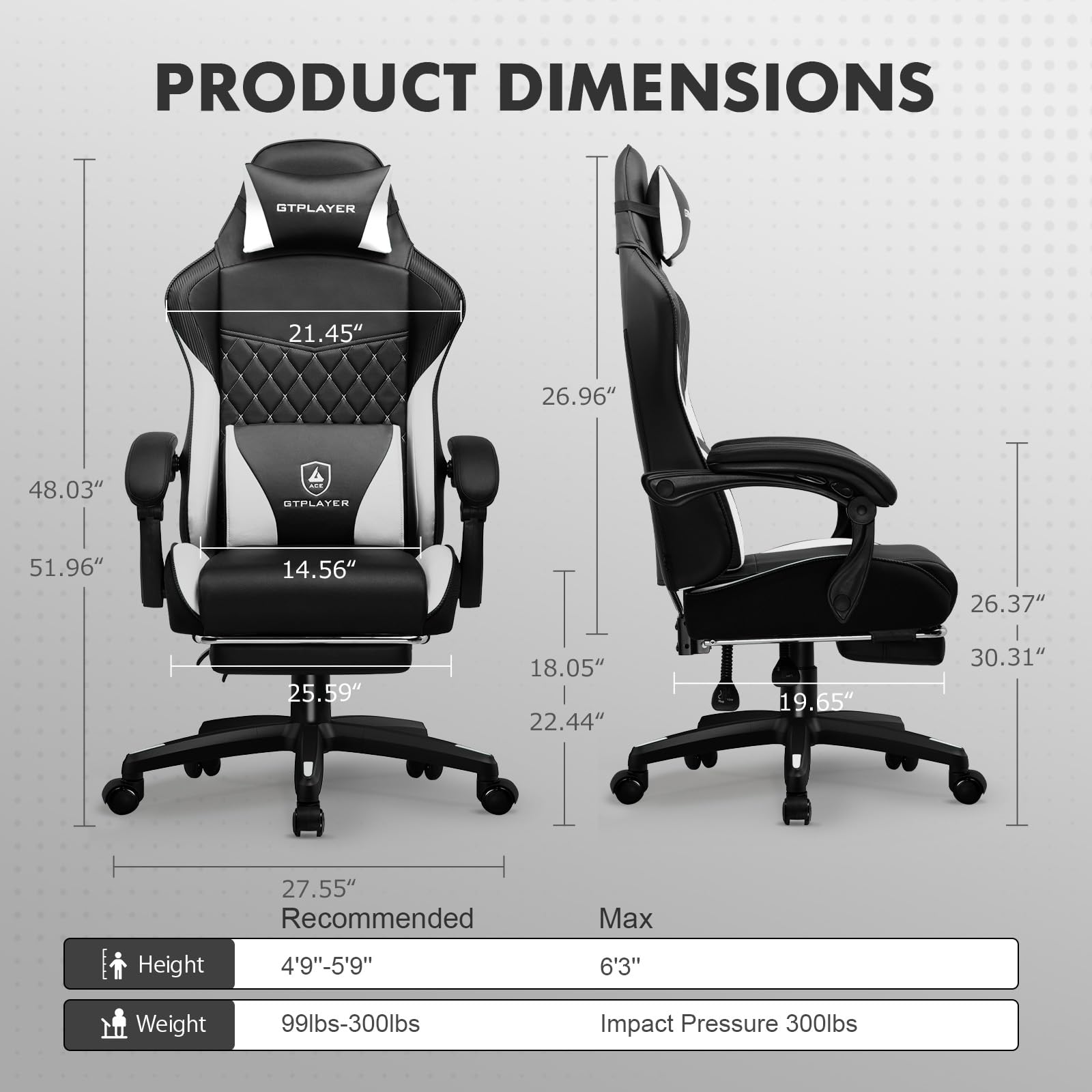 GTPLAYER Chaise Gaming, Chaise de Bureau Ergonomique Réglable en Hauteur, Utilisable en Hiver et en Été, avec Dossier Double, Repose-Pieds, Housse Amovible et Support Lombaire, Supporte 150 kg, Blanc