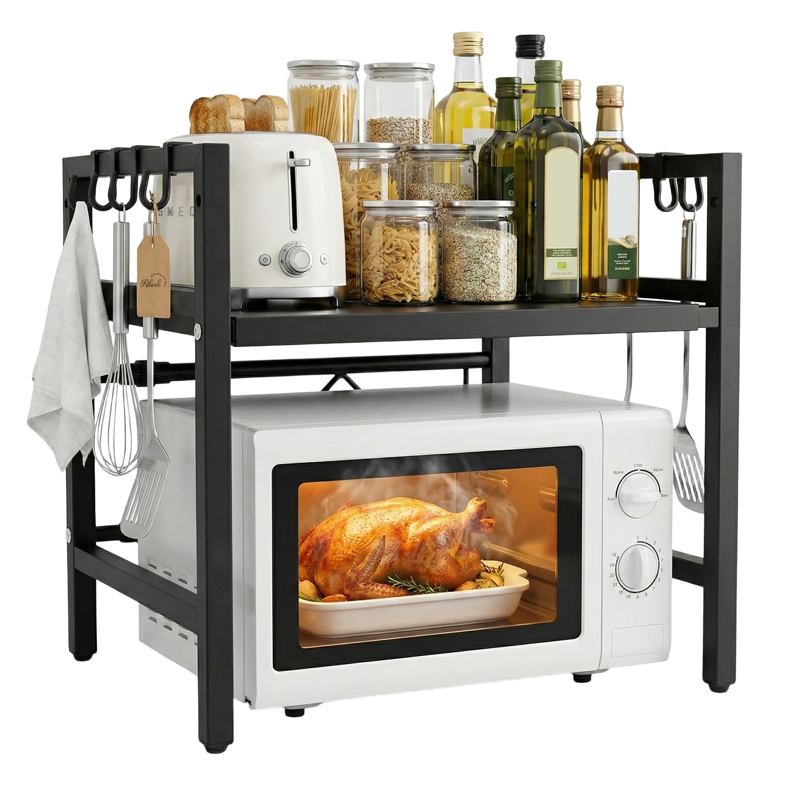 Supporto Regolabile per Microonde e Forno – Ripiani per Elettrodomestici da Cucina, con 8 Ganci per Spezie & Utensili, Antiruggine, Nero