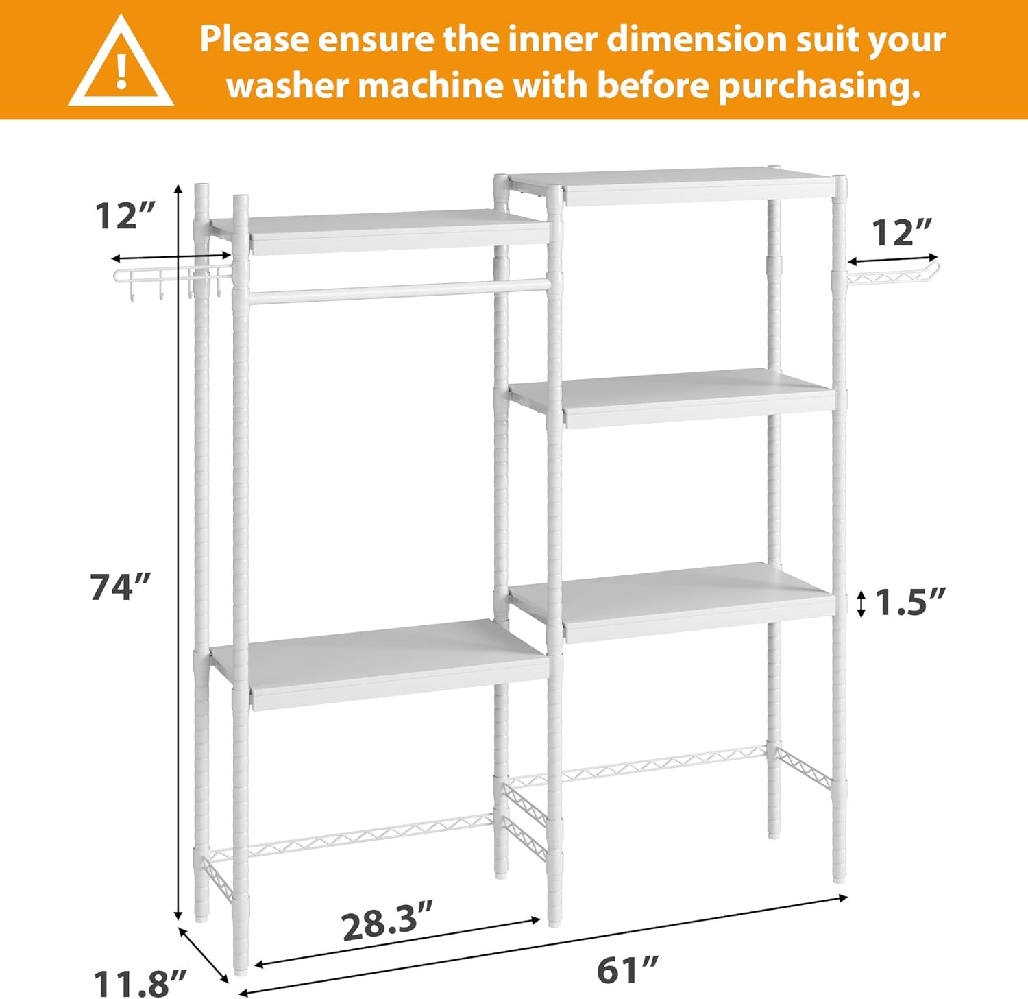 IDEALHOUSE 28" Washer Dryer Storage Shelf A+B - Adjustable Height Laundry Organizer with Double-Layer Wood Shelves, 5-Tier Wood Over Space-Saving Design for Bathroom, Laundry Room, or Balcony, Whit