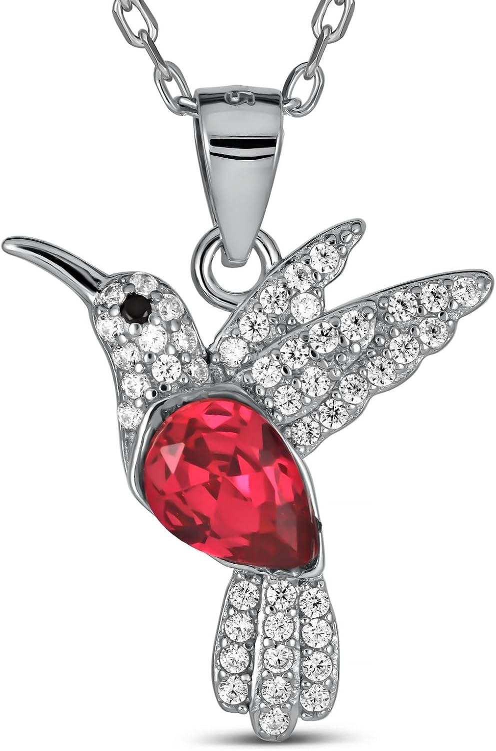 Sterling Silver Hummingbird Necklace for Women - 925 Rhodium Plated Pendant with Red CZ Stone, 18" Chain with Extender, Nature Bird Jewelry Gift