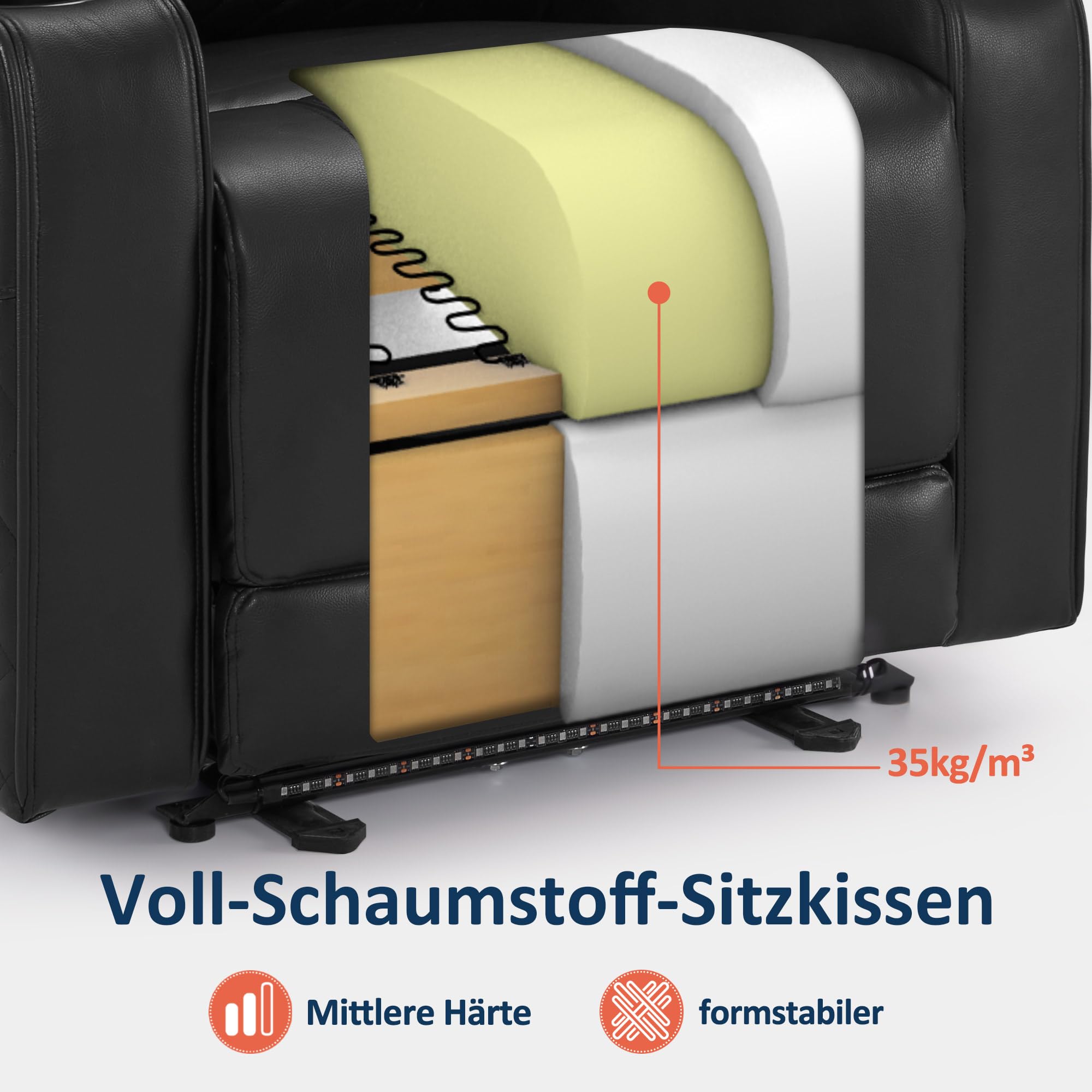 MCombo Fernsehsessel Elektrisch Verstellbar, Zero-Gravity-Kinosessel mit Armlehnenstauraum & LED, Verstellbare Kopfstütze, 35D Vollschaum-Sitzkissen (Schwarz)