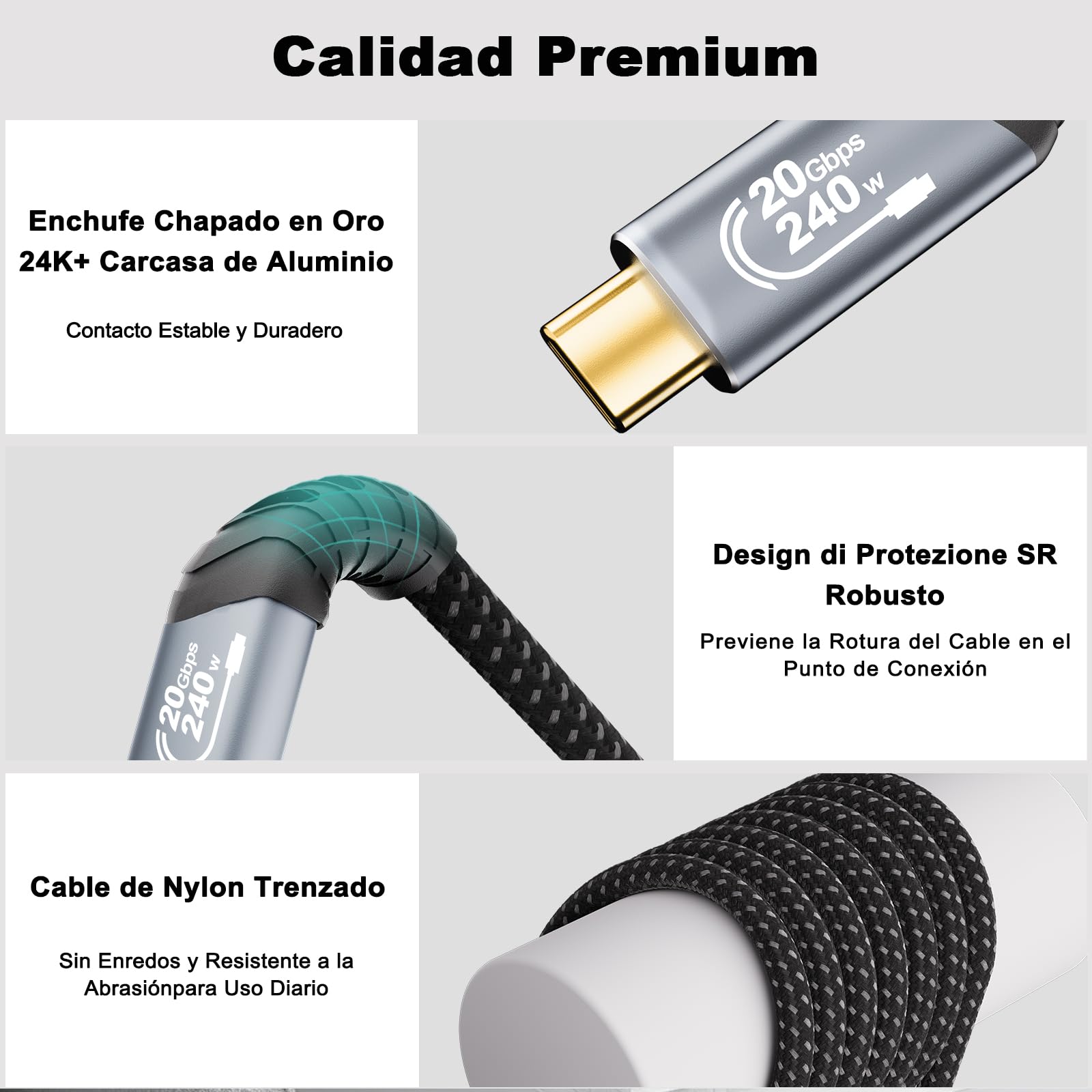 Cable USB C 1m (Cabo USB C 3.2 Gen 2×2, vídeo 8K@30Hz, 4K@144Hz/60Hz, carga rapida 240W/100W) Cable de datos USB tipo C de 20Gbps para Thunderbolt 4/3, MacBook, iPhone 17, SSD, Docking station — view 6
