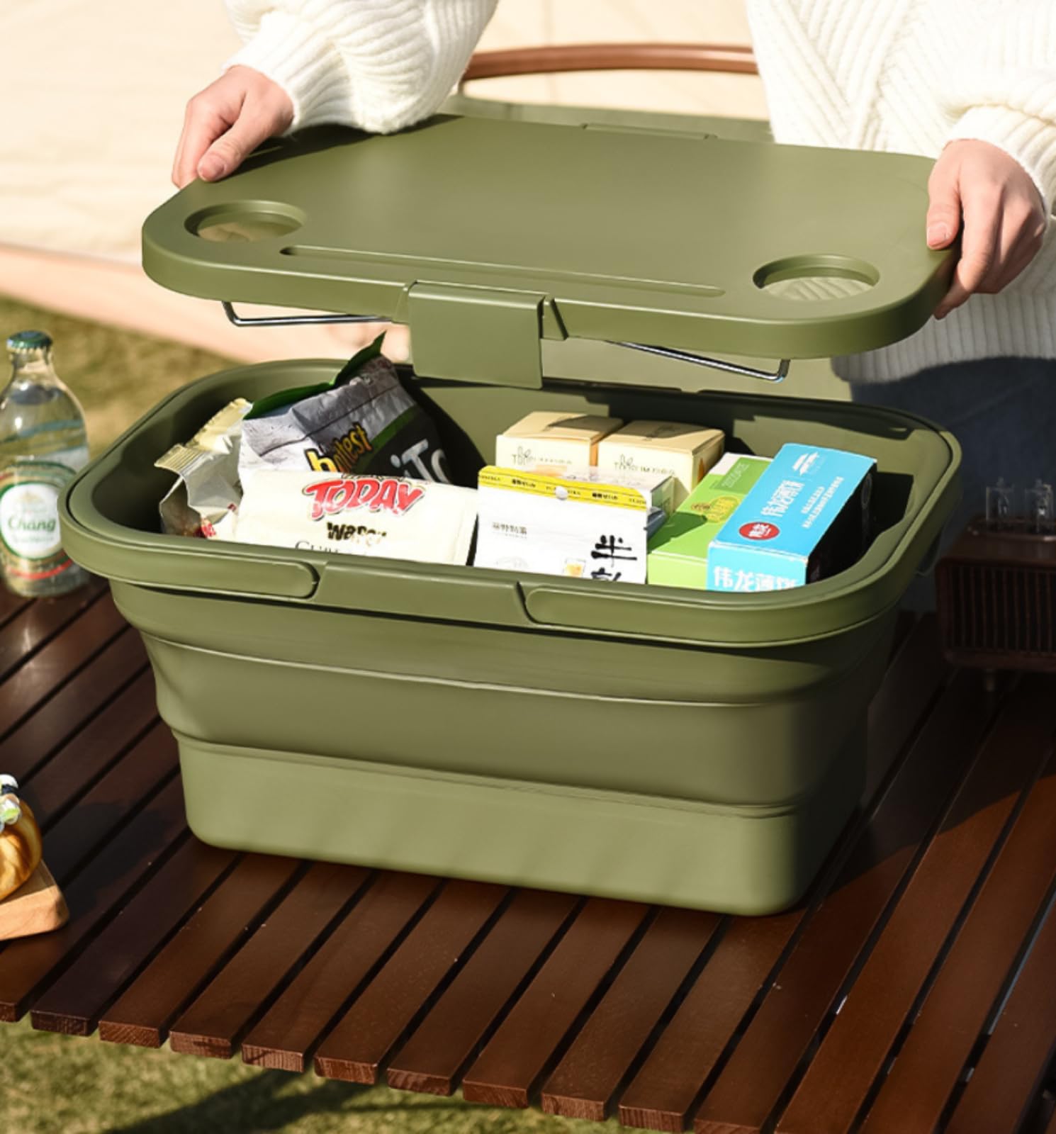 Cesta Plegable de Mano para Picnic, Almacenamiento de Elementos Esenciales para Exteriores, Utensilios de Cocina Portátiles- Ideal para Excursiones de Primavera y Otoño