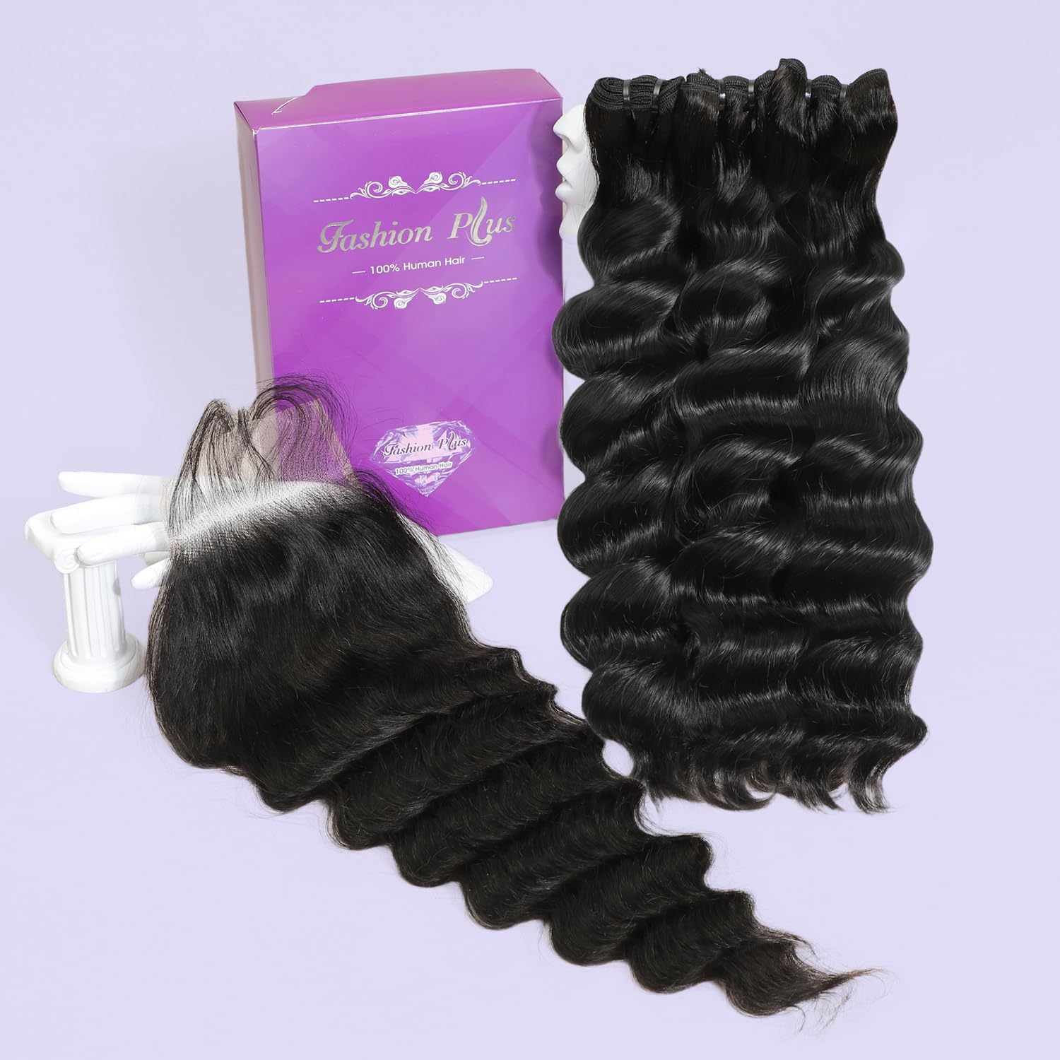 FASHION PLUS Raw Human Hair Bundles Loose Deep Wave Bundles with Closure (12 14 16 +10) 5x5 HD Lace Closure With Bundles 20A Raw Loose Wave Human Hair