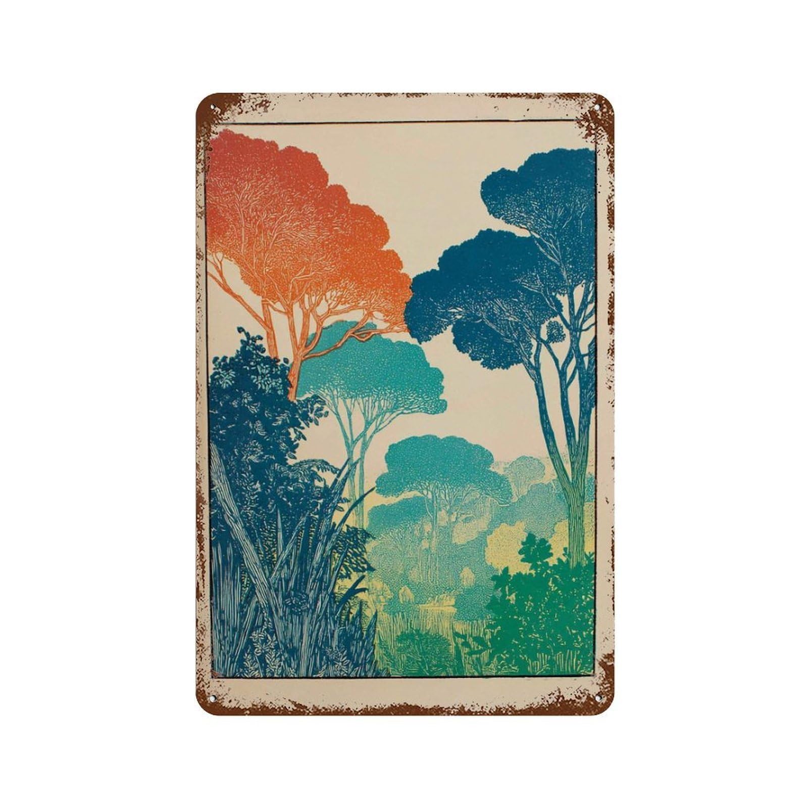 xiaoxiaoshen Colorful Tree Forest Modern Nature Vibrant Landscape Contemporary Botanical Home Wall Decor Art Metal Tin Poster Modern Home Decor Art Home Bar Shop Decorations Vintage Sign 30x20cm