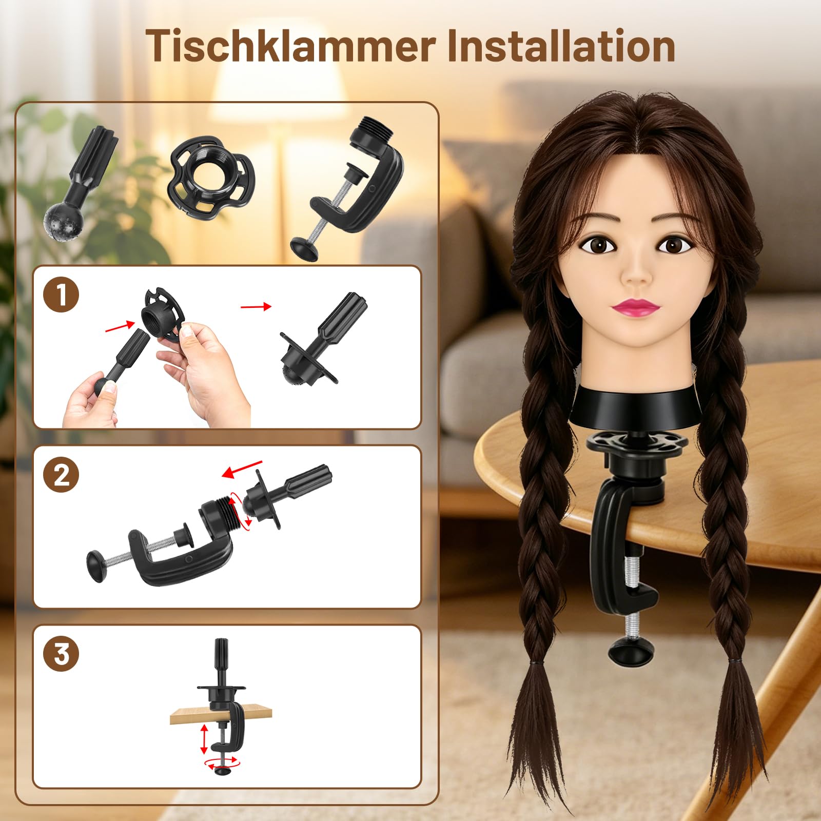 TwoWin 60 cm Trainingsköpfe Friseur, 24 Zoll Frisierkopf mit 80% Echthaar | Übungskopf Friseurkopf Puppenkopf mit Tischhalter + Haar Styling Braid Set (Rotbraun)