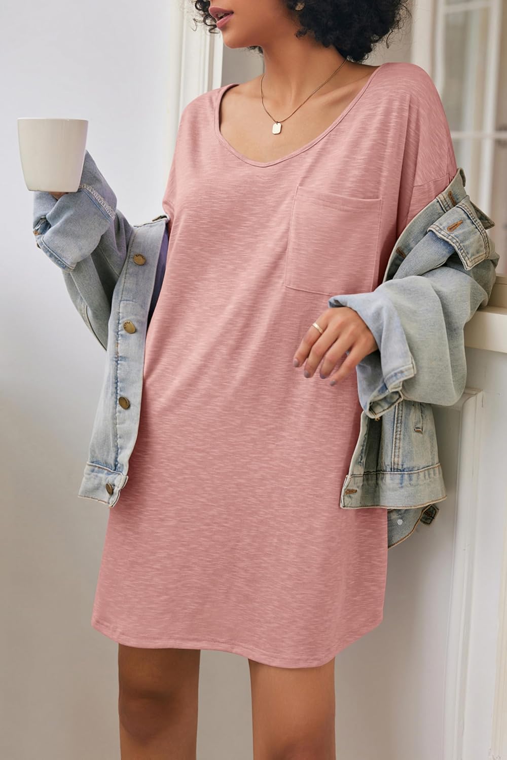 Ekouaer Womens Tshirt Nightgown Cotton V Neck Sleepshirts Comfy Casual Nightshirt for Women - Image 2