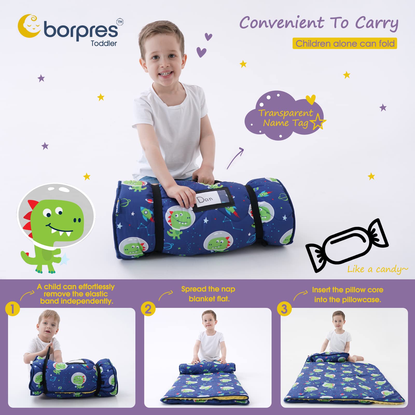 Nap Mat with Pillow Blanket Set: Dinosaurs Sleeping Mats for Toddler Kids - Thick Large Roll up Slumber Bag for Daycare Preschool Kindergarten Boys Girls