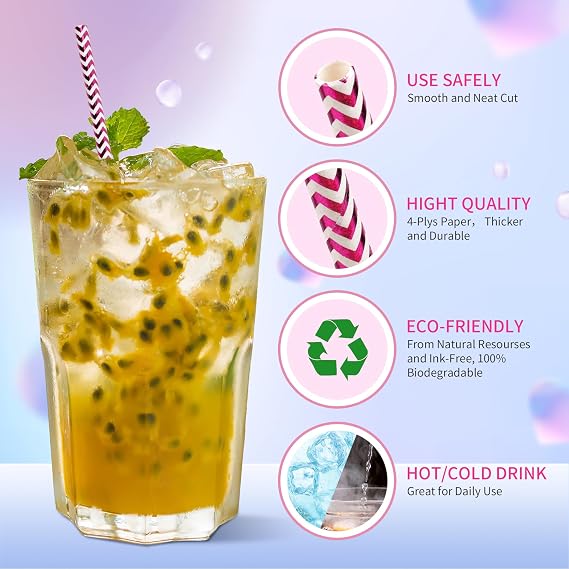 PakTalk Paper Straws Disposable, 100Pack Metallic Rose Gold Wave Paper Straws for Drinking, Crafts, Valentines, Holiday, Party (0.24''*8.27'', Gold Wave)