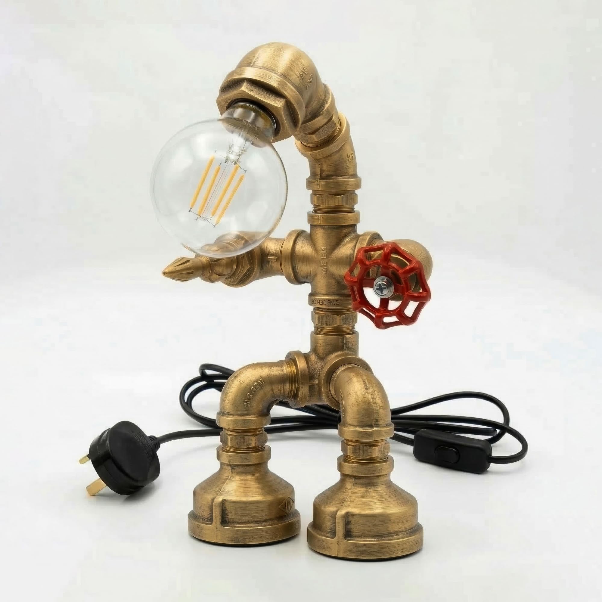 LEDSone Industrial Retro Steampunk Rustic Robot Style Table Lamp Vintage Metal E27 Bedside Desk Light Water Pipe Desk Lamp for Bedroom, Office, Nightstand, Bar, Café (Robot Style Brushed Copper)