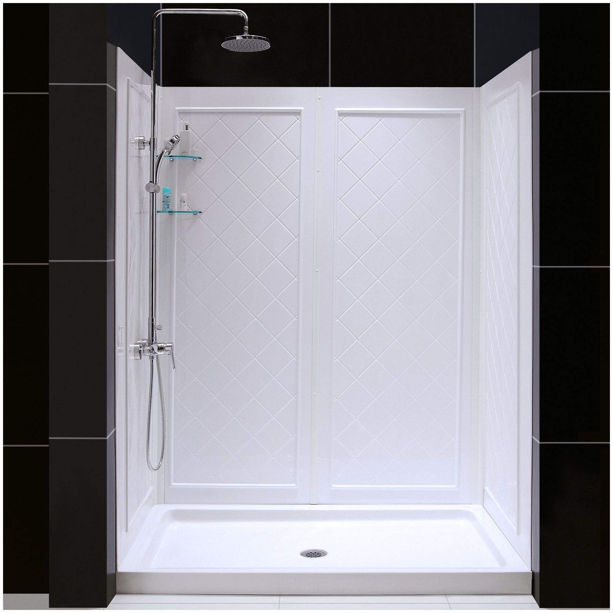 dreamline 34 in. d x 60 in. w x 76 3/4 in. h center drain acrylic shower base and qwall-5 backwall kit in white, dl-6191c-01