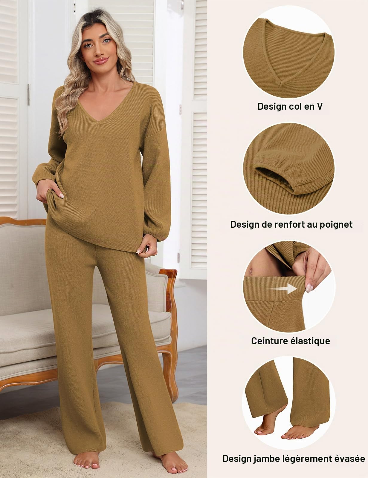 CMTOP Ensemble Femme 2 Pièces Pyjama Hiver Automne Survêtement Jogging Sportswear Col en V Tricot Manches Longue Elastique Taille Haute Pantalon Chic et Elegant Loungewear Set