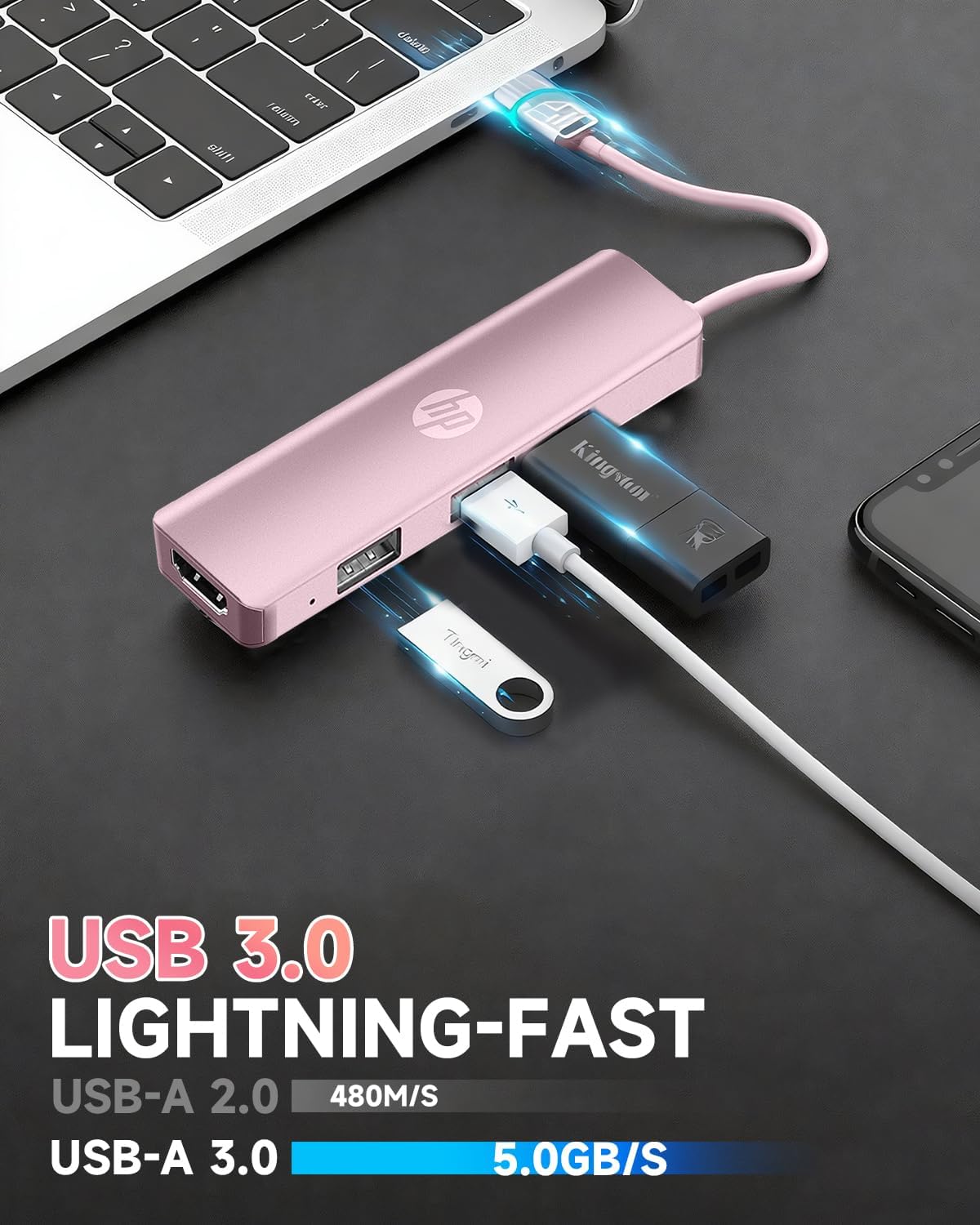 HP USB C Docking Station - 5-in-1 Multi-Port USB C Hub with 4K HDMI, 100W Power Delivery, for Laptops, MacBook, iPad, Thinkpad and More, Pink image 4