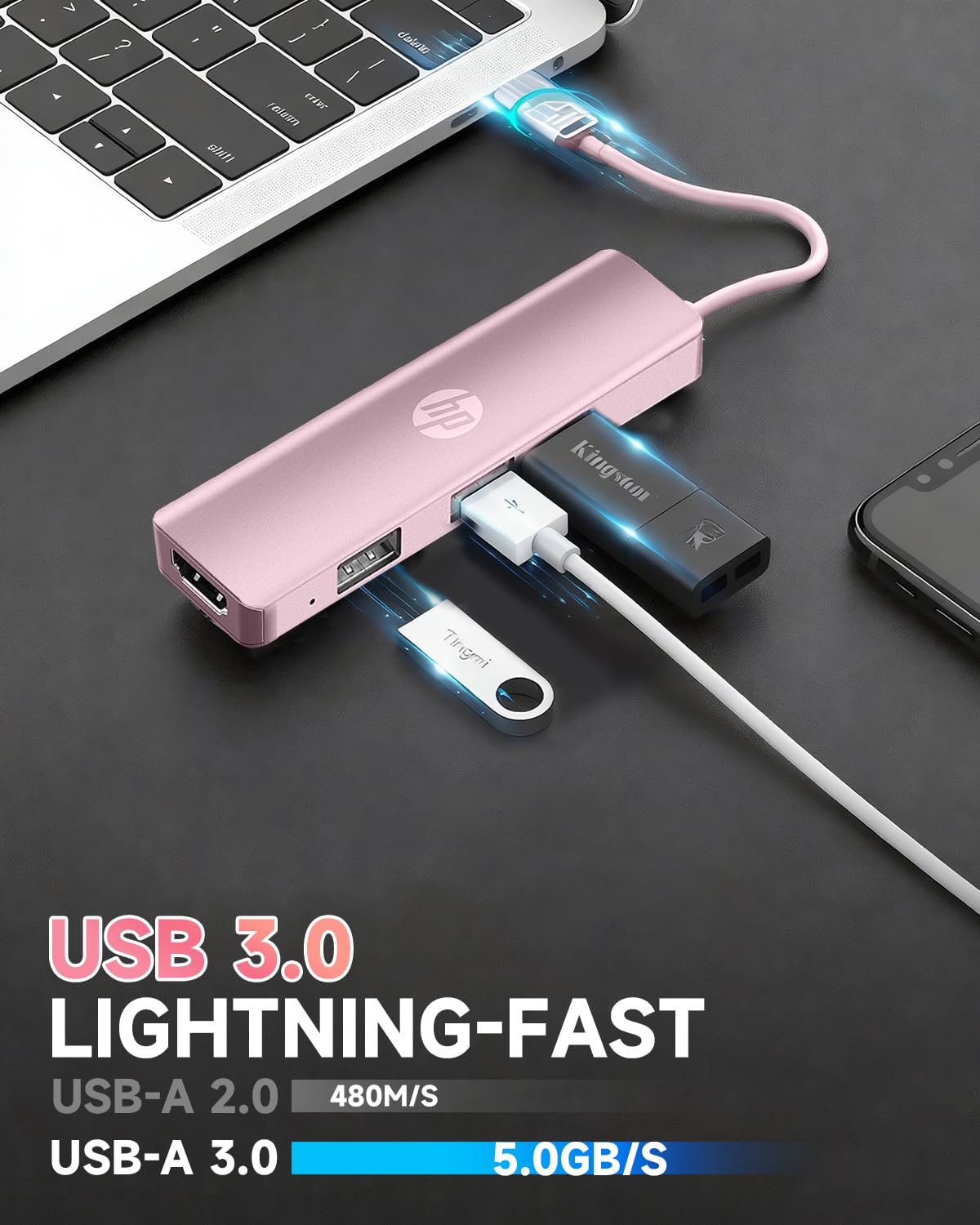 HP Docking station USB C, hub multi-porta USB C 5 in 1 con HDMI 4K, alimentazione 100 W, per laptop, MacBook, iPad, Thinkpad e altro, rosa