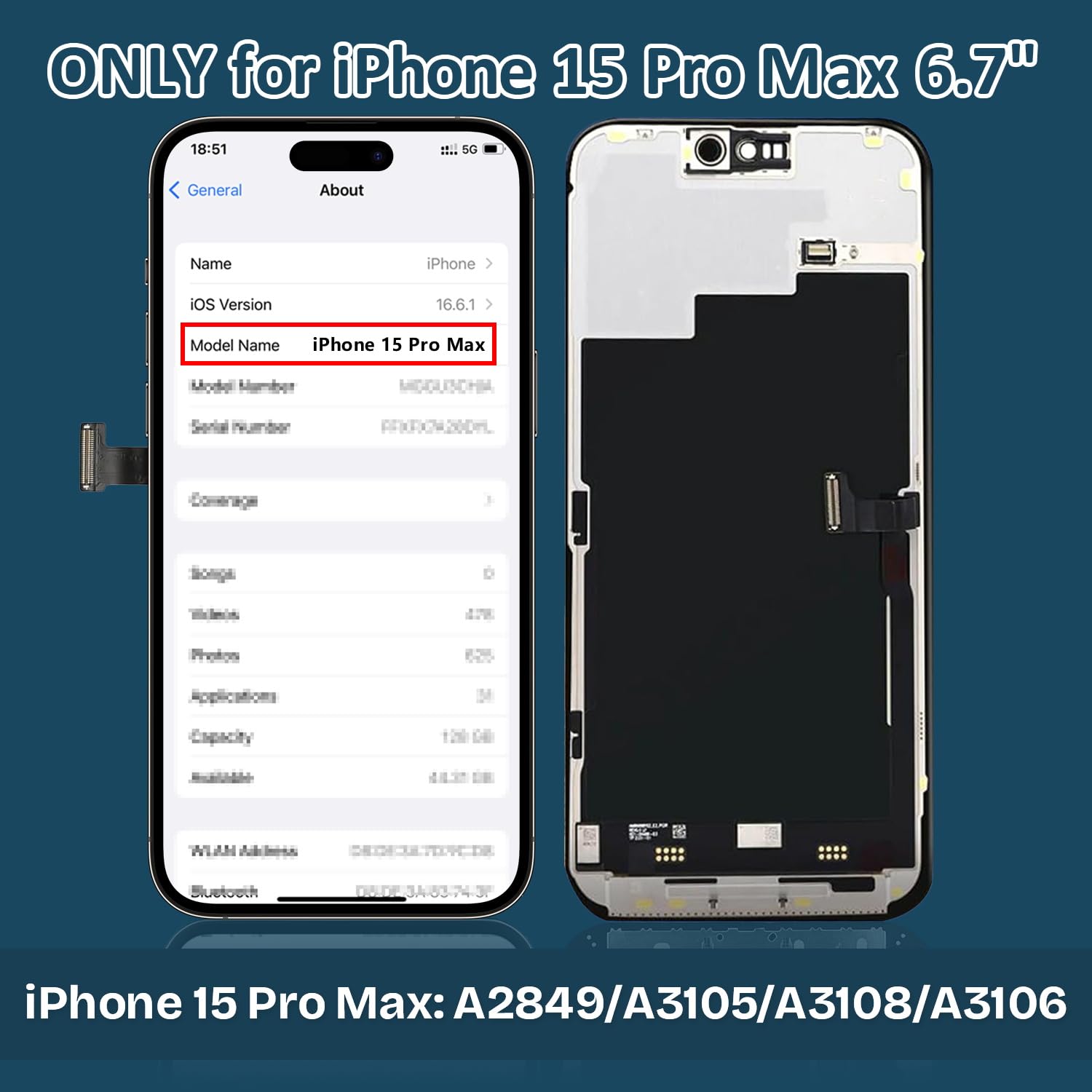 Display per iPhone 15 PRO Max, Schermo LCD Full HD 6,7" Touch Screen Digitizer Parti di Ricambio con Kit di Riparazione e Protezione Schermo